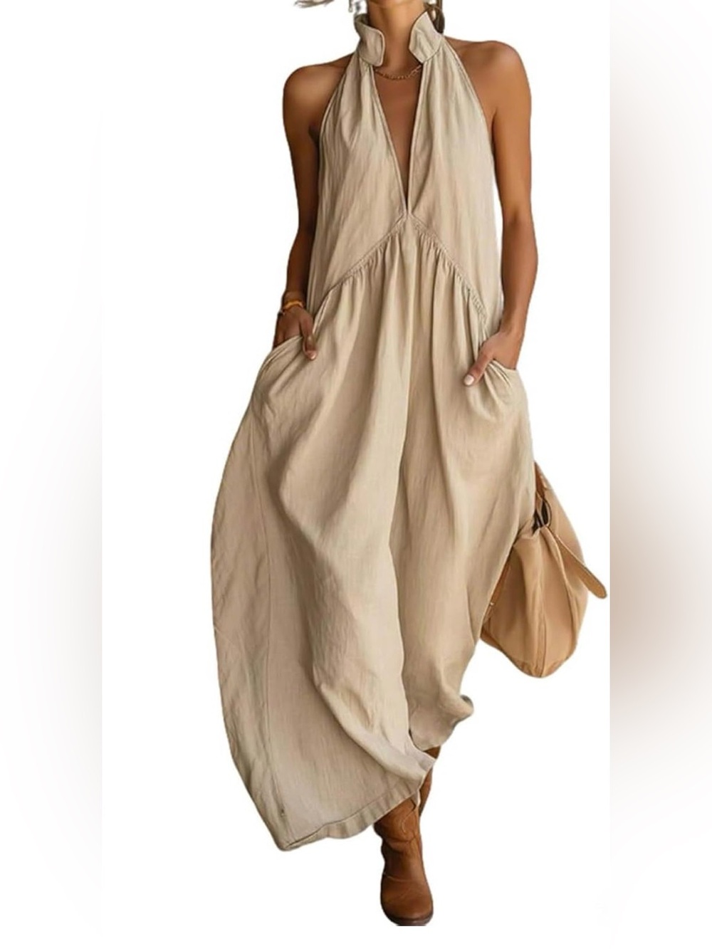 Halter Neck Maxi Dress Deep V-Neck Stand Collar Sleeveless Loose with Pockets